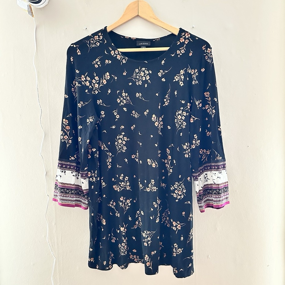 J‎ Jill Womens Floral 3/4 Sleeve Blouse Size M Black Boho Career Casual Contrast
